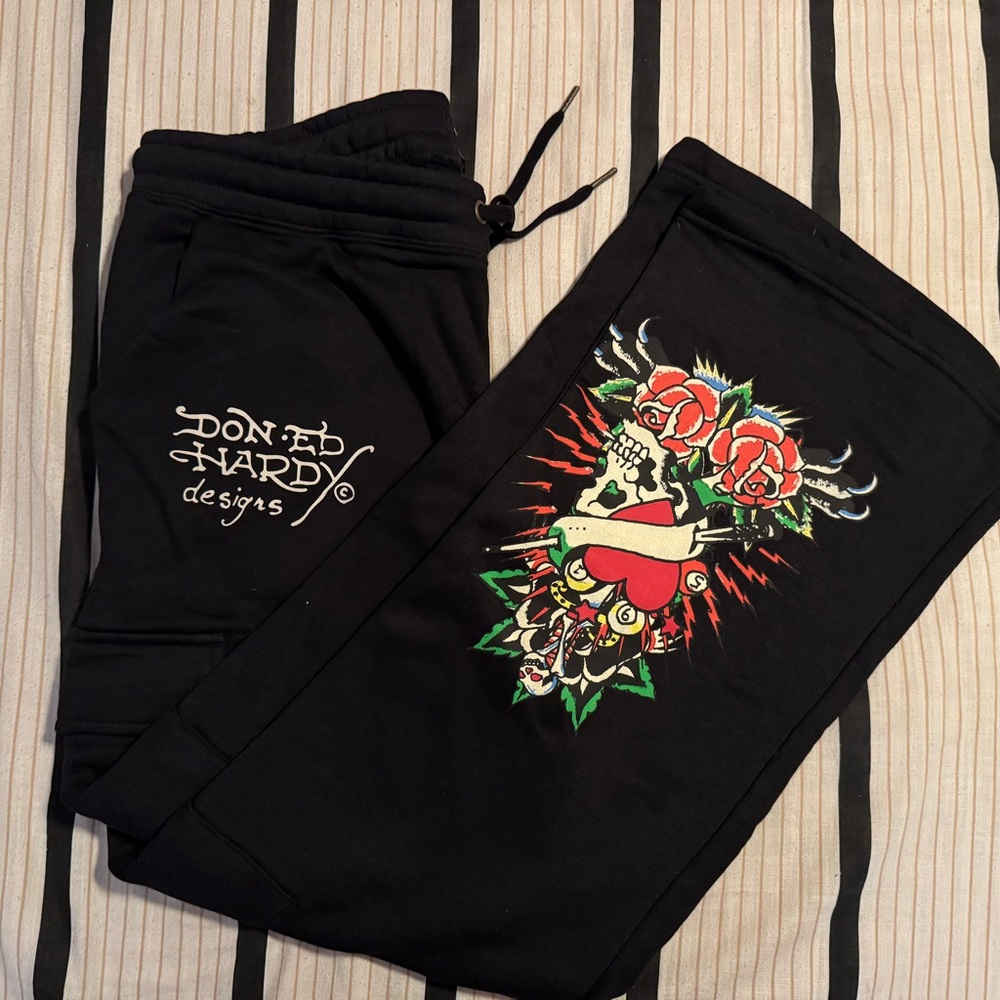 Ed Hardy Black Sweatpants with Colorful Tattoo Art